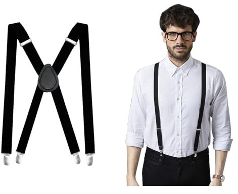 Pumuky Hosenträger für Herren, verstellbar, 4 Clips, Metall, X Form, Hosenträger für Damen und Herren, 2,5 cm (Schwarz)