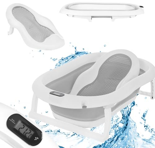 Primabobo Faltbar Babybadewanne, Große Babywanne faltbar, Kinderbadewanne mit Badesitz, für Babys von 0-36 Monaten (Premium Grau (Bedesitz, Thermometer), Faltbare Babybadewanne)
