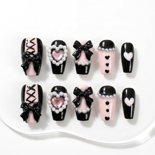 Sun&Beam Nails Handmade Press-On Nails Short Ballerina Black Pink (#149 M) | Handmade 10-piece set in black and light pink with bows, pearl accents, heart details, and a glossy finish