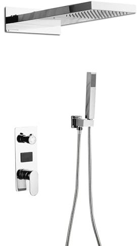 HOARLICN Ensemble de douche encastré, système de douche, thermostat, système de douche, montage mural, pommeau de douche à effet pluie, avec douchette, système de douche encastré, montage mural