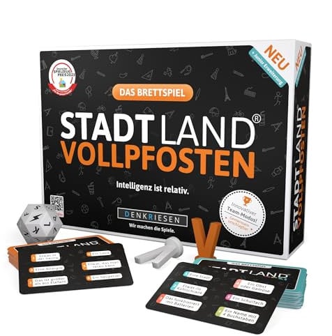 DENKRIESEN - Stadt Land Vollpfosten® Das Brettspiel | Grundspiel inkl. Junior Erweiterung | Ab 8 Jahren | 4-12 Spieler | Partyspiel | Blitzwürfeln & Langen Spielrunden | Familienspiel