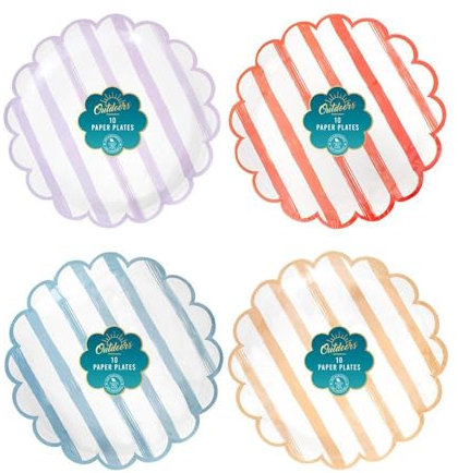 YöL Pack of 50 Scallop Edge Paper Plates Striped Red Lilac Blue Terracotta Summer Dining Picnic Party Food BBQ