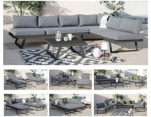 ALEOS. Gartenlounge Lounge aus Aluminium Multifunktionslounge Loungeecke Lounge Set Loungegarnitur Sitzgruppe Doppelliege Sofagarnitur Cancun grau anthrazit mit bequemen Kissen