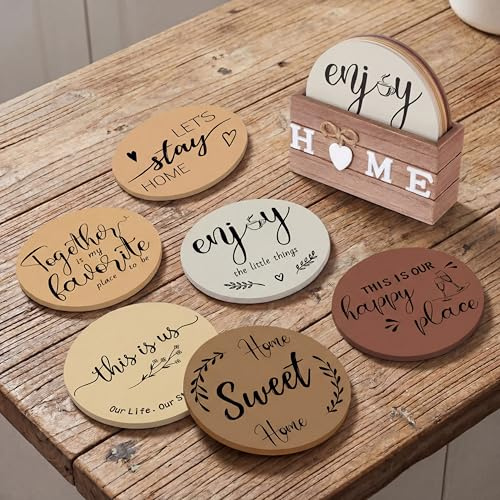 Queekay Trivets Set of 6, 7 Trivets for Hot Dishes Housewarming Gifts New Home, Pots and Pans Farmhouse Trivet Set with Holder Heat Resistant Mat Countertop Protectors for Home Kitchen(Brown)