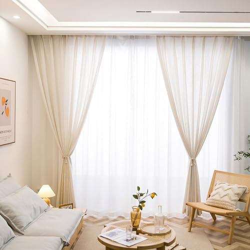 Freyamy Boho Voile Gardinen Bauernhaus mit Kräuselband,Braun Outdoor Vorhänge Muslin Halbtransparent Tüll Atmungsaktiv Vorhänge Wohnzimmer Vintage Stores Vorhang 260x150 cm (HxB) 2 Stück