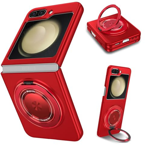 Asuwish Phone Case for Samsung Galaxy Z Flip 5 5G 2023 Cover and Magnetic Stand Ring Holder Slim Hard Hybrid Rugged Cell Accessories Protective ZFlip5 Z5 G Flip5 5Z Wireless Charger Women Men Red