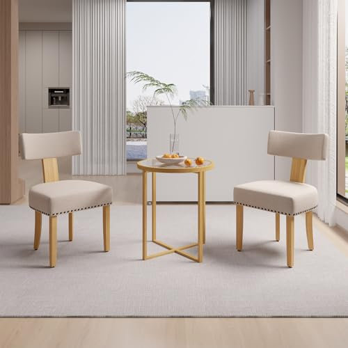 Hawthyhome Esszimmerstühle 2er Set, Holz Küchenstuhl Polsterstuhl Wohnzimmerstuhl Sessel mit Hartholzrahmen, Sitzfläche aus Leinen, für Esszimmer Küche Schminktisch Wohnzimmer, Weiß