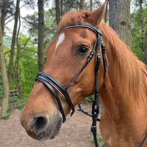 Brama West Reithalfter Pferd Sparkle - englisch kombiniert - Ledertrense mit Antislip Zügel und Strasssteinen - Weiß, Gr. Cob