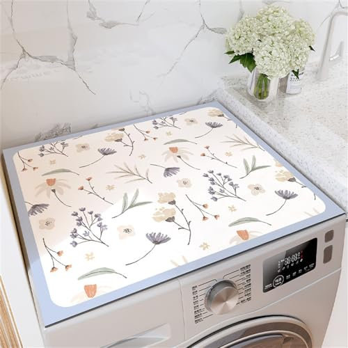 Odot Waschmaschinenauflage rutschfest, Waschmaschine Abdeckung Universal Saugfähig Schnelltrocknend Waschmaschinen Auflage Waschmaschinenabdeckung -Blumen Pflanzen (50x60cm,Blau)