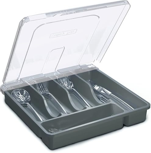YICOCHI Soporte para utensilios para encimera con tapa, bandeja de cubiertos de plástico para cajón (gris garca)