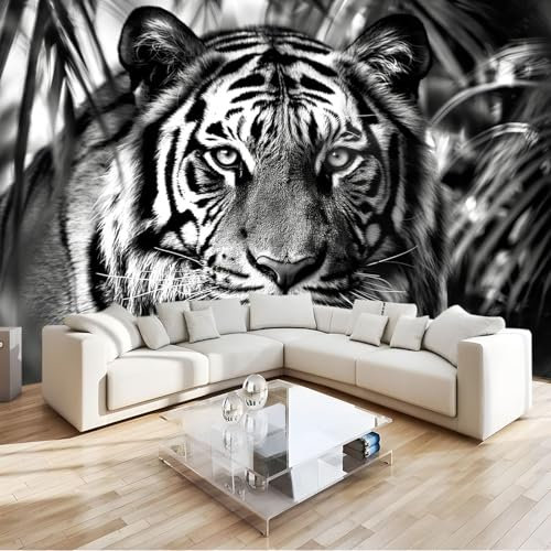 Fototapete Tier Tiger Schwarz 400x280 cm Wandtapete, Vliestapete Fotoposter Wandbild, Moderne Wanddeko, für Schlafzimmer Wohnzimmer Kinderzimmer, Panorama 3D Effekt