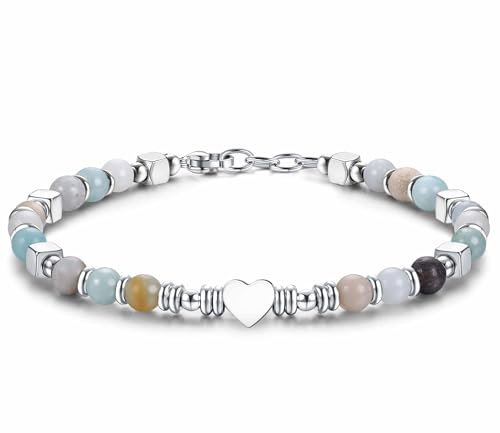 CASSIECA Boho Armband Damen Natürliches Steine Armbänder für Frauen 316L Edelstahl Herz Armband Einstellbare Amazonit Armband Weihnachten Geburtstag Geschenke Frauen Schmuck mit Geschenk-Box
