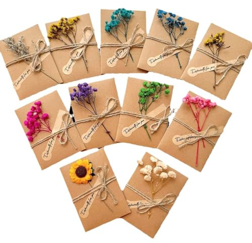 10 Stück Grußkarte Set, 10 x 7cm Getrocknete Blumen Grußkarten mit Kraftumschlag, Geburtstagskarten Set, Dankskarten, Handgefertigte Grußkarten, Retro Kraftpapier-leere Umschläge Blanko