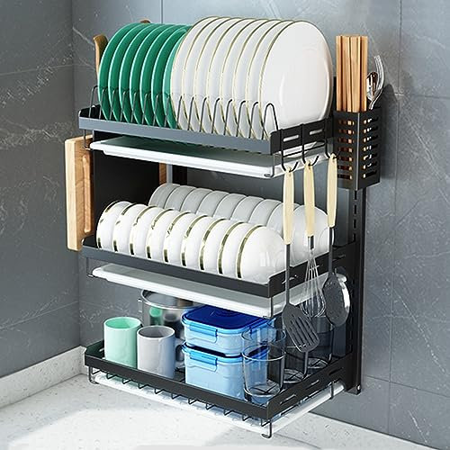 Escurridor de platos colgante de pared, escurridor de platos, organizador de platos de cocina de 2 o 3 niveles, estante de almacenamiento con bandeja de drenaje, soporte para cuchillos y porta cubier