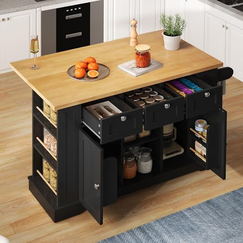 Tavolo da cucina mobile, piano di lavoro, multifunzione, cassetto, portaspezie, portasciugamani, 5 ruote, presa integrata, cucina/cibo (nero + naturale)