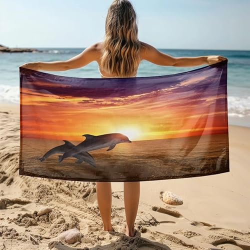 KLJFIGUT Strandtuch 70x150 cm Delphin Schnell Trocknende und Leichte Strand Handtücher, Strandtuch Mikrofaser Weich Badetuch für Camping Fitnessstudio Reise Strandhandtuch