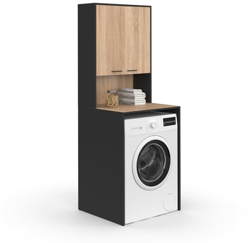 IDMarket - Piano lavabiancheria WALLIS con armadio nero e legno effetto faggio
