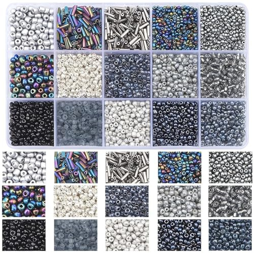 Juego de cuentas de cristal de 15 colores, pequeñas cuentas de semillas y perlas de arco en caja de almacenamiento, para hacer joyas para pulseras, collares, pendientes (blanco/beige) (negro)