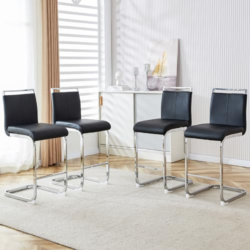 Barhocker 4er Set mit Lehne – Moderne Tresenhocker 65 cm Sitzhöhe, Barhocker schwarz mit silbernem Metallgestell, Thekenhocker für Kücheninsel & Bartresen (Schwarzer Sitz + Silberne Beine, 4)