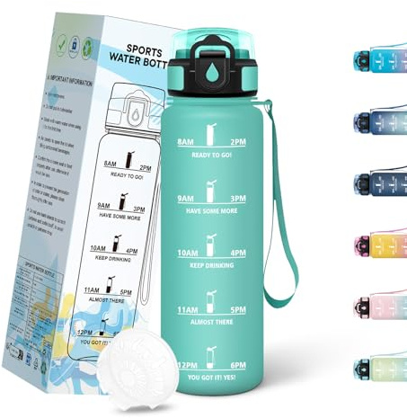 Mulbijeo Trinkflasche 1L, Auslaufsicher mit Wiederverwendung, Wasserflasche mit Filter, Trinkflasche Kohlensäure Geeignet, Breite Öffnung, Sportflasche für Fahrrad, Camping, Yoga, Fitness