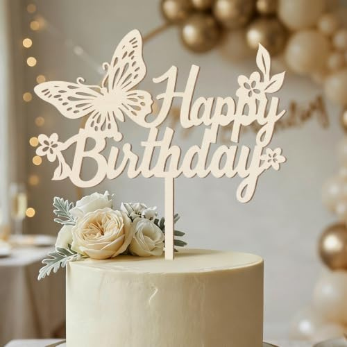 Tortendeko Geburtstag Holz - Happy Birthday Cake Topper - Schmetterling Tortenstecker für Geburtstagstorte Mädchen Junge