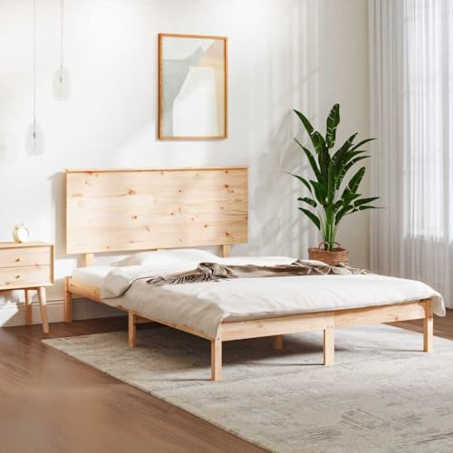 QUAHEAS Massivholzbett 140x200 cm aus unbehandeltem Kiefernholz, robuster Bettrahmen mit Kopfteil, Plattform-Design für Schlafzimmer, ohne Matratze