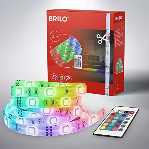 Briloner Leuchten 2267-150P, LED Band 5m, LED Strip, LED Leiste,150 x RGB-LED, 24 W, selbstklebend, inkl. Fernbedienung, 4 flexible Verbinder und Trafo, 1,5 m Zuleitung, Farbe der LED Schiene: weiß 500 x 1 x 0.3 cm