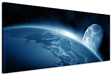 Sinus Art 150x50cm Wandbild – Farbe Blau Petrol Panoramabild Wandbild auf echter Leinwand in sehr hoher Qualität - Weltall Erde Mond Sonnenaufgang