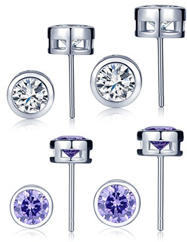 Yumilok 4 pares de pendientes básicos de plata de ley 925, color blanco/lila, con circonitas, para mujeres y niñas