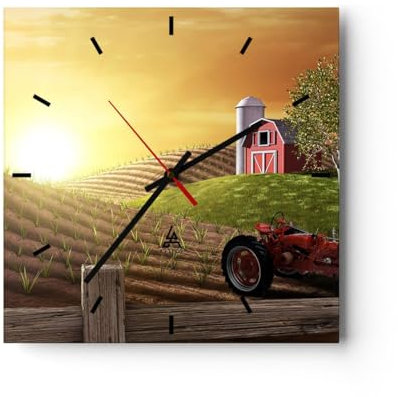 Modern Wanduhr Morgen Bauernhof Feld Plantage 30x30cm Quadrat Klein Wand Uhr Glas Analog Zimmeruhren Küche Büro Wohnzimmer Glasuhr Wall Clock Dekoration Design Wanddekoration Küchenuhr C3AC30x30-2639