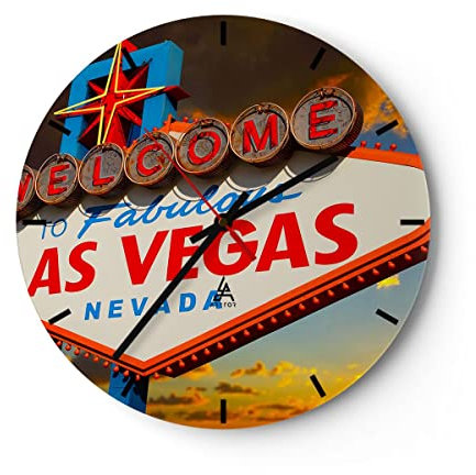 Modern Wanduhr Amerika bestimmungsort las Vegas 40x40cm Rund Groß Wand Uhr Glas Analog Zimmeruhren Küche Büro Wohnzimmer Glasuhr Wall Clock Dekoration Design Wanddekoration Küchenuhr C3AR40x40-2594