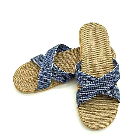 Anddyam Pantofole unisex per la casa, in lino, per uomini e donne, con punta aperta, traspiranti, Blu 03, 9.5-10.5 X-Wide
