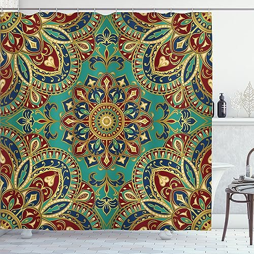 ABAKUHAUS Mandala Duschvorhang, orientalisch, Stoffliches Gewebe Badezimmerdekorationsset mit Haken, 175 x 200 cm, Teal Indigo Rubin