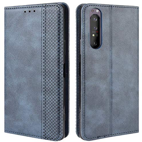 HualuBro Coque pour Sony Xperia 1 II, Housse à Rabat en Retro PU Cuir Flip Cover Case Antichoc Magnétique Portefeuille Etui pour Sony Xperia 1 II Coque (Bleu)