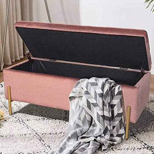 BAKAJI Banc de Rangement pour Tabouret Repose-Pieds en Tissu Velours Rose, Bois, Media