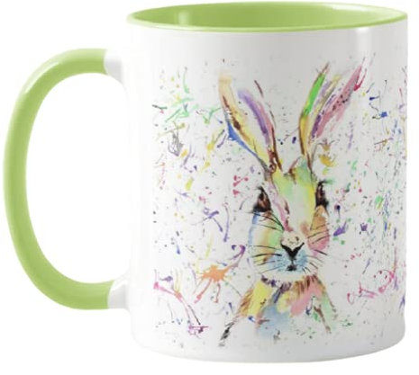 Vixar Hare Bunny Rabbit Watercolour Rainbow Art Coloured Mug Cup, Gift, Birthday, Work, Office, Christmas Tea Coffee (L Green)