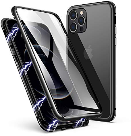 LONYAN Compatible with iPhone 12 Pro Max Case, Magnetic Adsorption Protective Hard Case Front and Back Tempered Glass Full Screen Coverage One-Piece Design Flip Cover (Black)