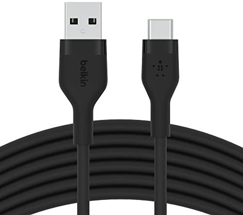 Belkin BoostCharge Flex câble USB-C vers USB-A en silicone, certifié USB-IF, câble USB C pour iPhone 16, iPhone 15, Samsung Galaxy S24, S23, S22, iPad, MacBook, Note, Google Pixel, etc, 3 m, noir