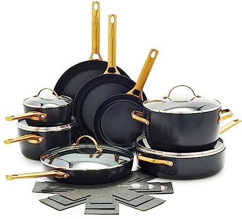 GreenPan Reserve Hard Anodized Healthy Ceramic Nonstick, 16 Piece Cookware Pots and Pans Set, Gold Handle, PFAS-Free, Dishwasher Safe, Oven Safe, Black