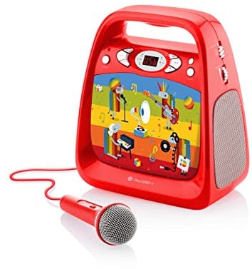 GOGEN Kinderkaraoke und CD Player I USB I MP3 I Mikrofon inklusive I Kopfhörerausgang I tragbar I Batterie oder Netzteil I Bluetooth I Hergestellt für Kinder I Rot