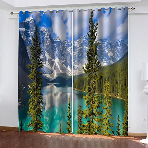 Montagna Innevata Lago Vista Natura 3D 2 Pezzi 100% Tende Oscuranti Per Interni Con Occhielli Moderne 140x160Cm Tenda Termiche Isolanti Per Camera Da Letto Soggiorno Finestre, Tende Corte Cameretta B
