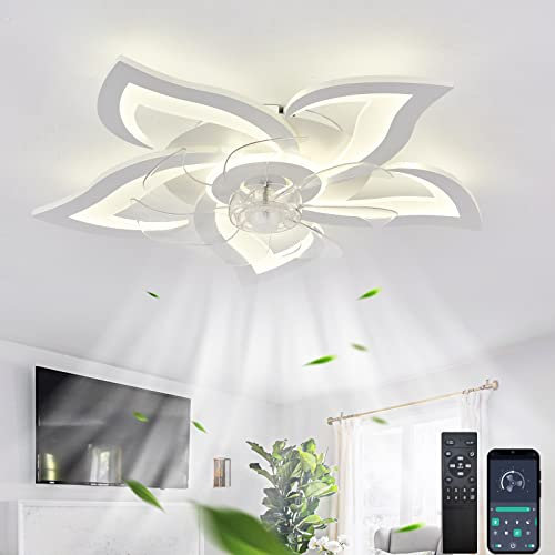 ycwdcz 65CM Flor Blanca Ventilador De Techo con Luz Y Mando A Distancia Motor DC Salon LED Regulable Lampara Ventilador Techo Reversible 6 Velocidades Dormitorio con Temporizador-White