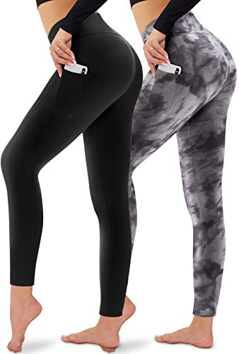 CAMPSNAIL 2er Pack Leggings Damen Schwarz High Waist Sport Leggins Blickdicht Sporthose für Gym Yoga(Schwarz&Tie Dye Schwarz-T,L-XL)