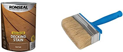 RONSEAL Q/D DECKING Stain Rich Teak 5L, Paint & Silverline Block Brush 115mm / 4-1/2 (394974)