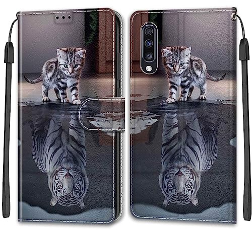 Handyhülle für Samsung Galaxy A70 Hülle Tiger | Premium Klappbar Ledertasche mit Magnetverschluss, Kartenfächern & Standfunktion, robuste Schutzhülle für Samsung A70