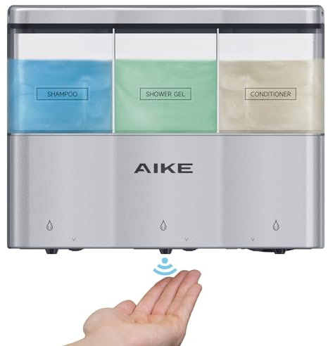 AIKE Duschseifenspender für Badezimmer, 3 x 320 ml automatischer Seifenspender zur Wandmontage, Seifenspender aus Kunststoff ohne Bohren, geeignet für flüssiges Duschgel, Shampoo und Spülung