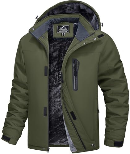 MAGCOMSEN Snowboardjacke Herren Wasserdicht Skijacke Warm Fleece Winterjacke für Bergsteigen Camping Herren Softshell Outdoorjacke Atmungsaktiv Gefüttert Wanderjacke Armeegrün 3XL
