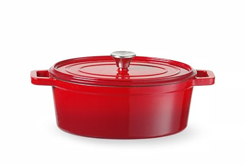 HENDI Gusseisentopf, mit Deckel, für alle Wärmequellen (inkl. Induktion), Kochen-Schmoren-Braten, Ofenfest, 4,4L, 365x290x(H)115mm, Emailliertes Gusseisen, rot