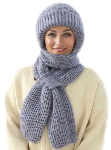 MissFox Integrierter Gehörschutz Winddichte Mütze Schal - Damen 2-in-1 Wintermütze mit Kapuzenschal, Verdickt und Warm - Stilvolles Strickmützen-Set für den Winter