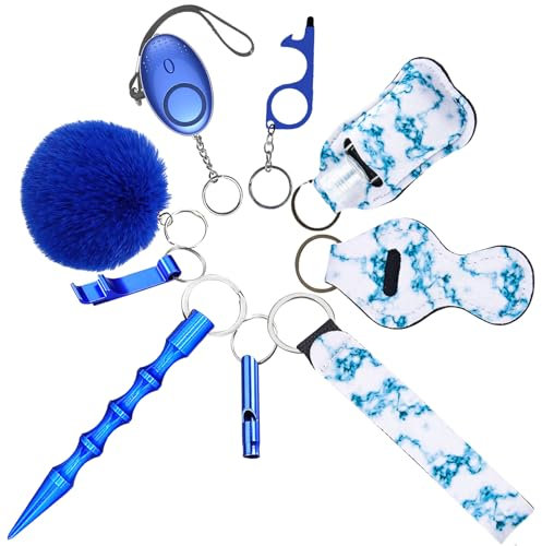 RosyFate Selbstverteidigung Schlüsselanhänger Set Frauen, 8 in 1 Self Defense Keychain Set, Sicherheits-Schlüsselanhänger-Zubehör, Sicherheitsalarm, Sicherheitshammer mit Gurtschneider (Blau)